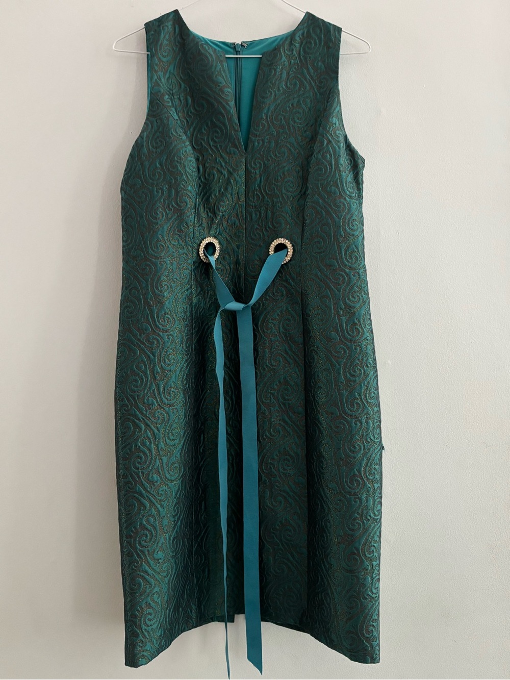 Chetta B Sleeveless Teal Brocade Jacquard Shift Midi Cocktail Dress Rhinestone 8